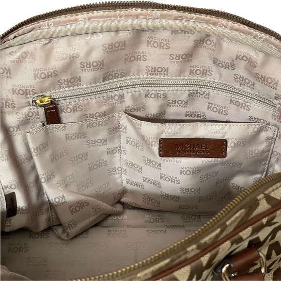 Michael Kors MK Signature Large Satchel Brown & Tan Jacquard Bag - Picture 13 of 15